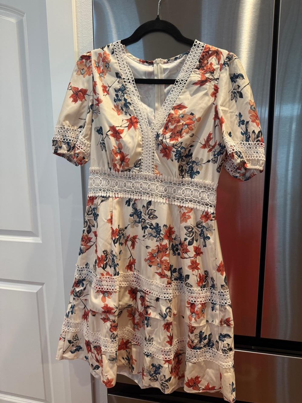 Cream Floral Lace-Trim Mini Dress with Coral and Navy Blooms
